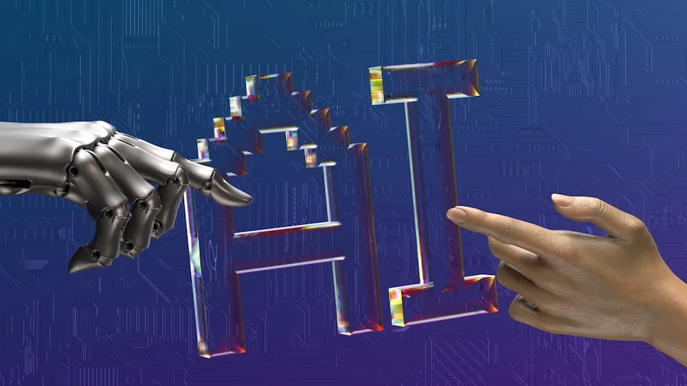 Tangan robot dan manusia yang berjabat tangan di depan teks AI melambangkan era baru kolaborasi manusia dan AI dalam development