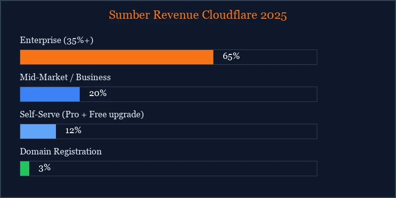 Infographic sumber pendapatan Cloudflare dari enterprise, mid-market, self-serve, dan domain registration