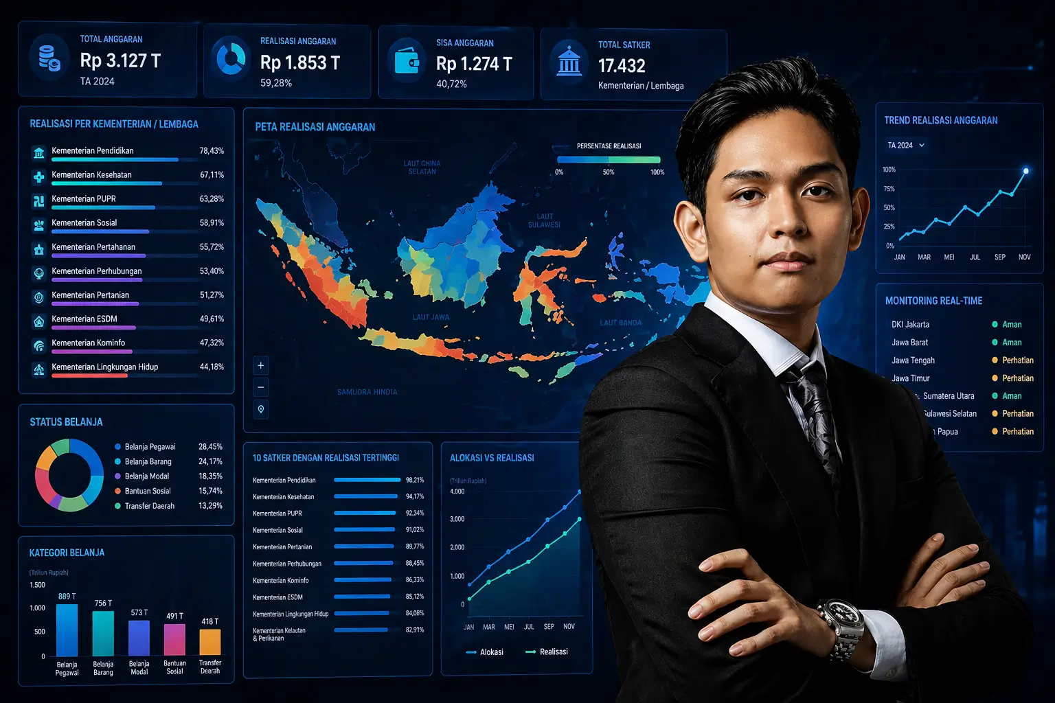 Ilustrasi Abil Sudarman sebagai AI engineer yang menciptakan dashboard AI untuk tracking anggaran pemerintah Indonesia