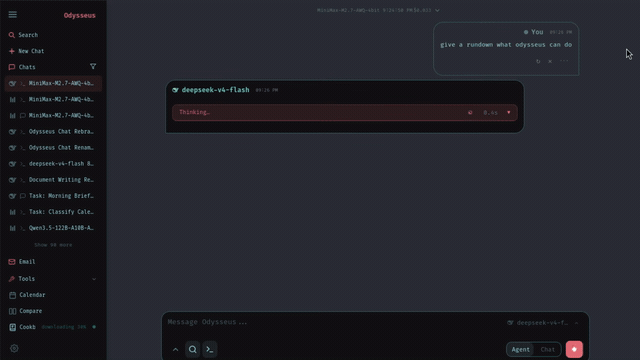 Demonstrasi fitur Chat dan Agents di Odysseus AI workspace buatan PewDiePie